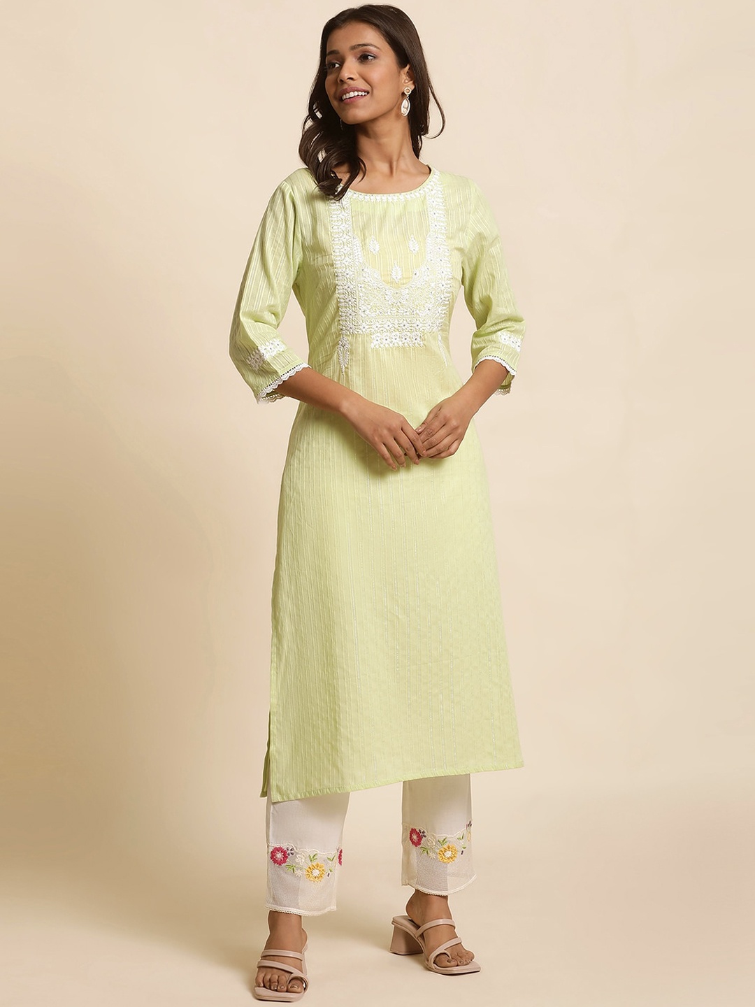

W Green Floral Embroidered Sequinned Pastel Kurta