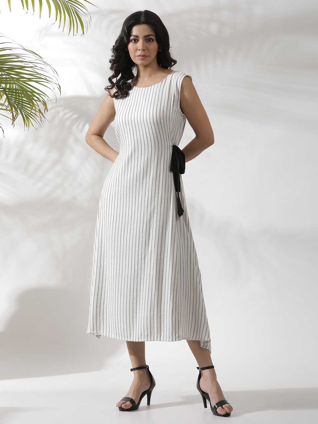 

W Striped Sleeveless A-Line Midi Dress, White
