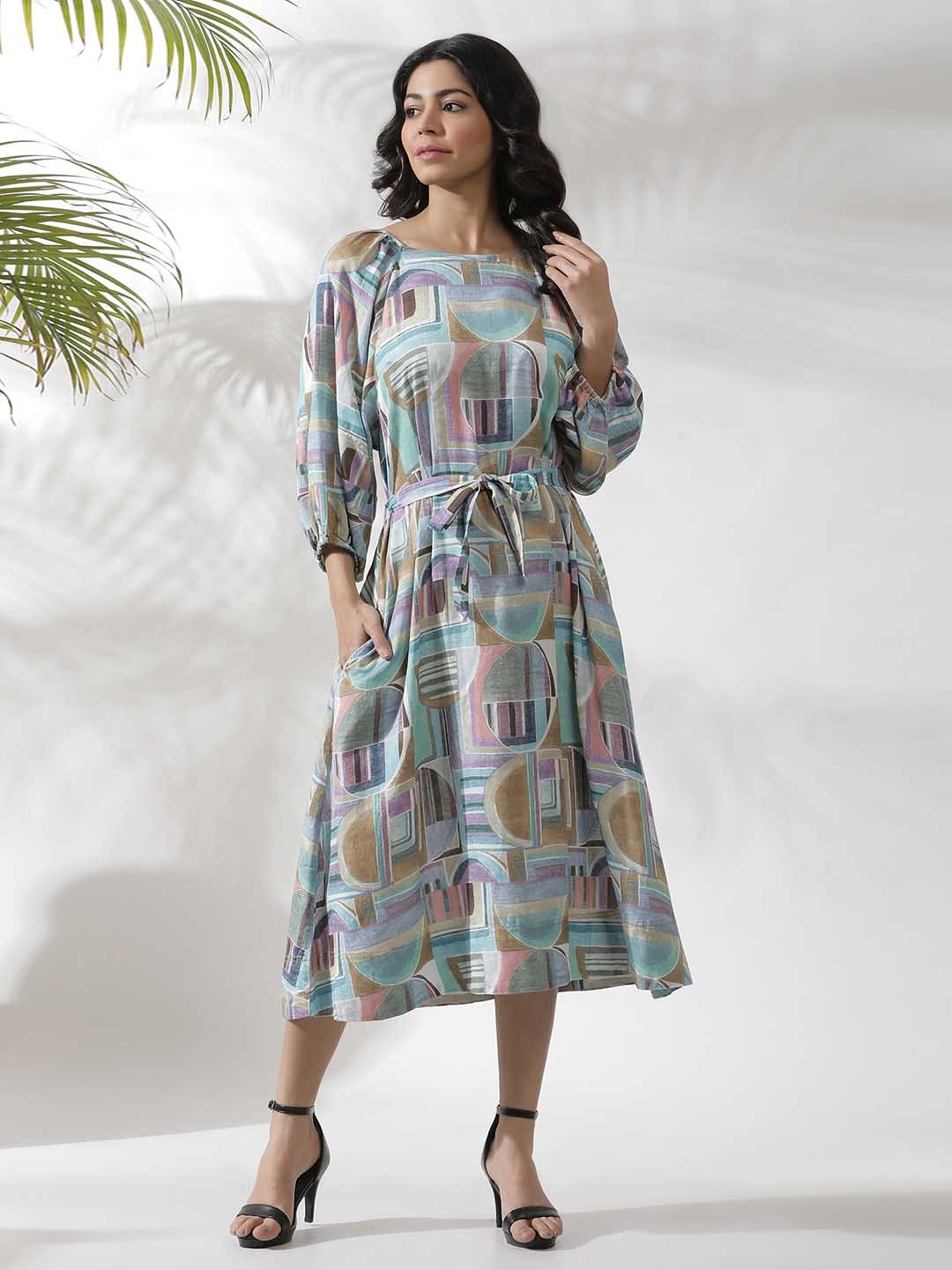 

W Abstract Print Boat Neck Puff Sleeves Fit & Flare Midi Dress, Green