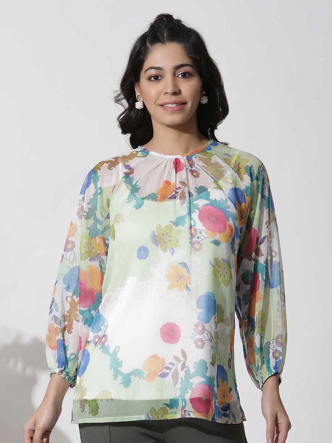 

W Floral Printed Puffed Sleeves Pure Chiffon Top, White