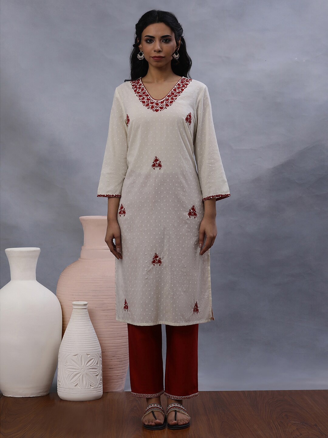 

W Women Embroidered Mirror Work Kurta, Cream