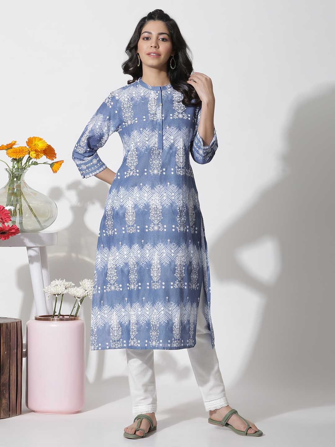 

W Floral Printed Mandarin Collar Pure Cotton Straight Kurta, Blue