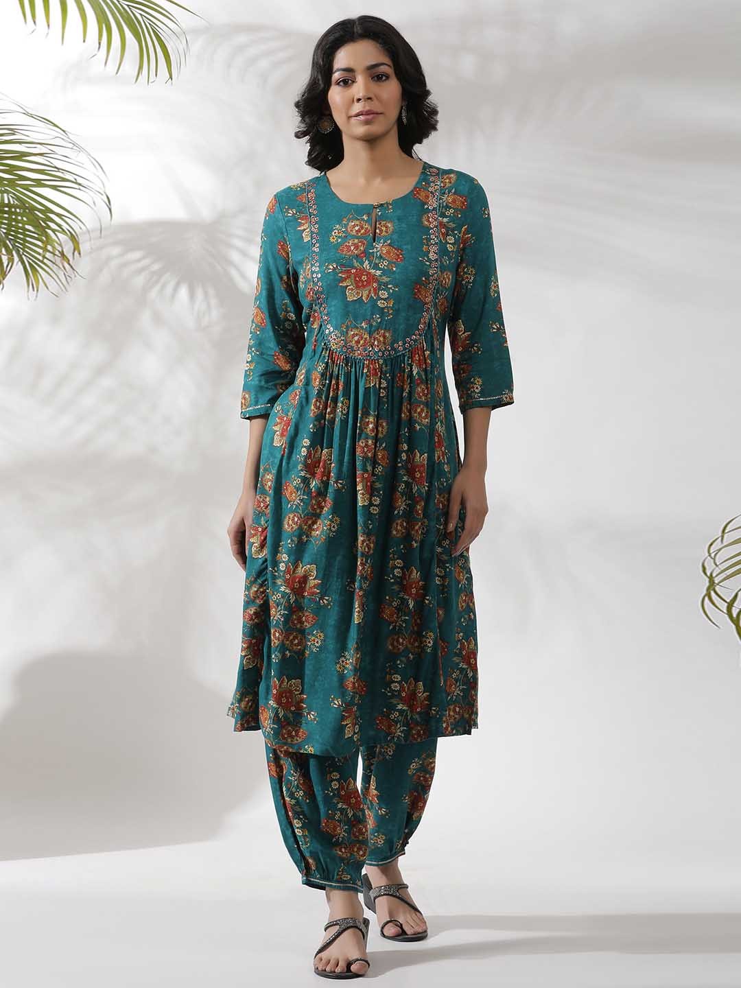 

W Floral Printed A-Line Sequinned Kurta with Salwar, Green