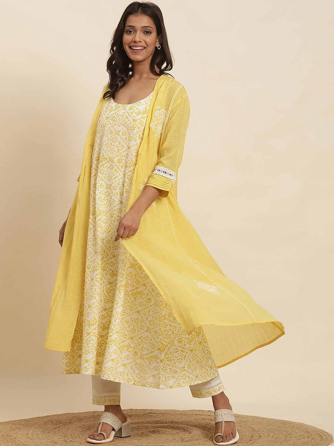 

W Yellow Floral Printed Anarkali Pure Cotton Kurta with Trousers & Jacket