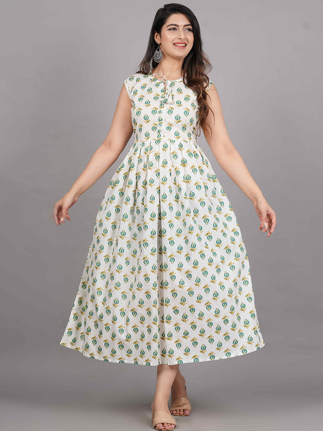 

UNIBLISS Floral Printed Tie-Up Neck Pure Cotton Fit & Flare Midi Dress, White