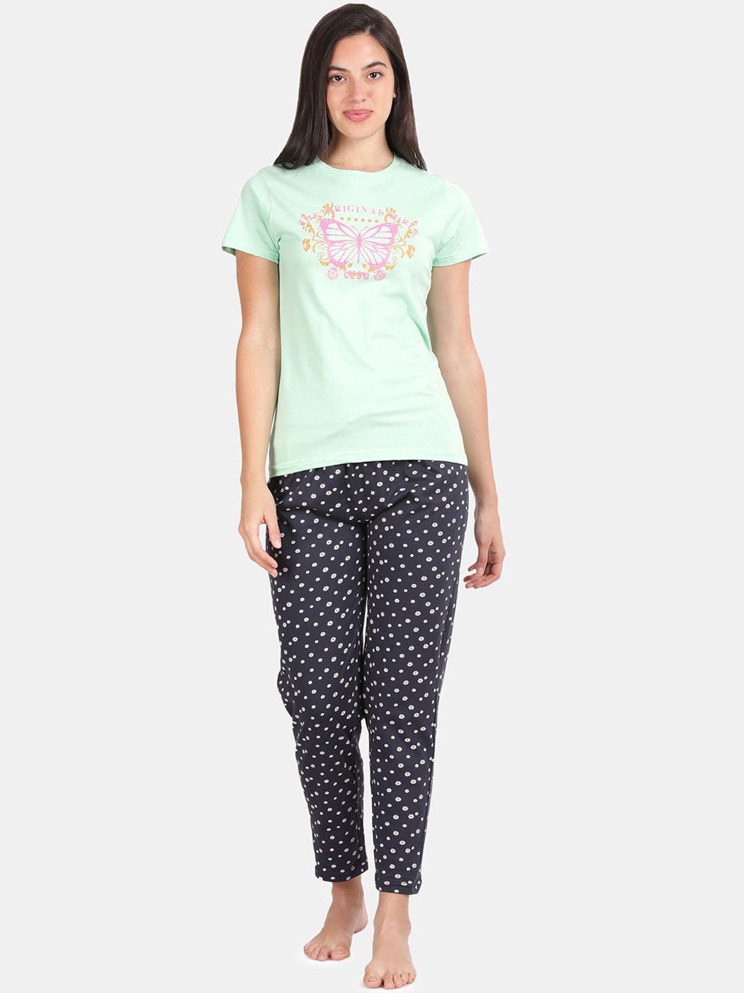 

Kryptic Typography Printed Round Neck Cotton Night suit, Green