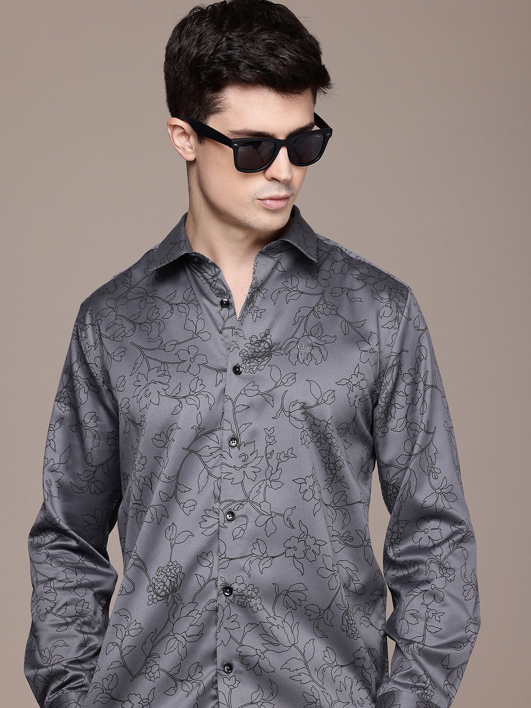 

French Connection Slim Fit Floral Printed Opaque Casual Shirt, Grey