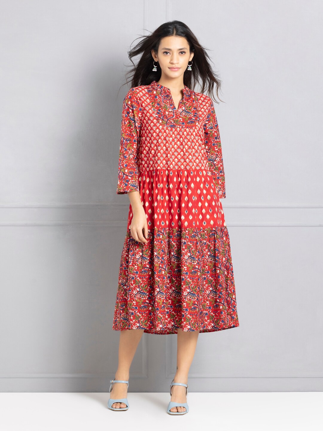 

SHAYE Floral Printed A-Line Pure Cotton Midi Dress, Maroon