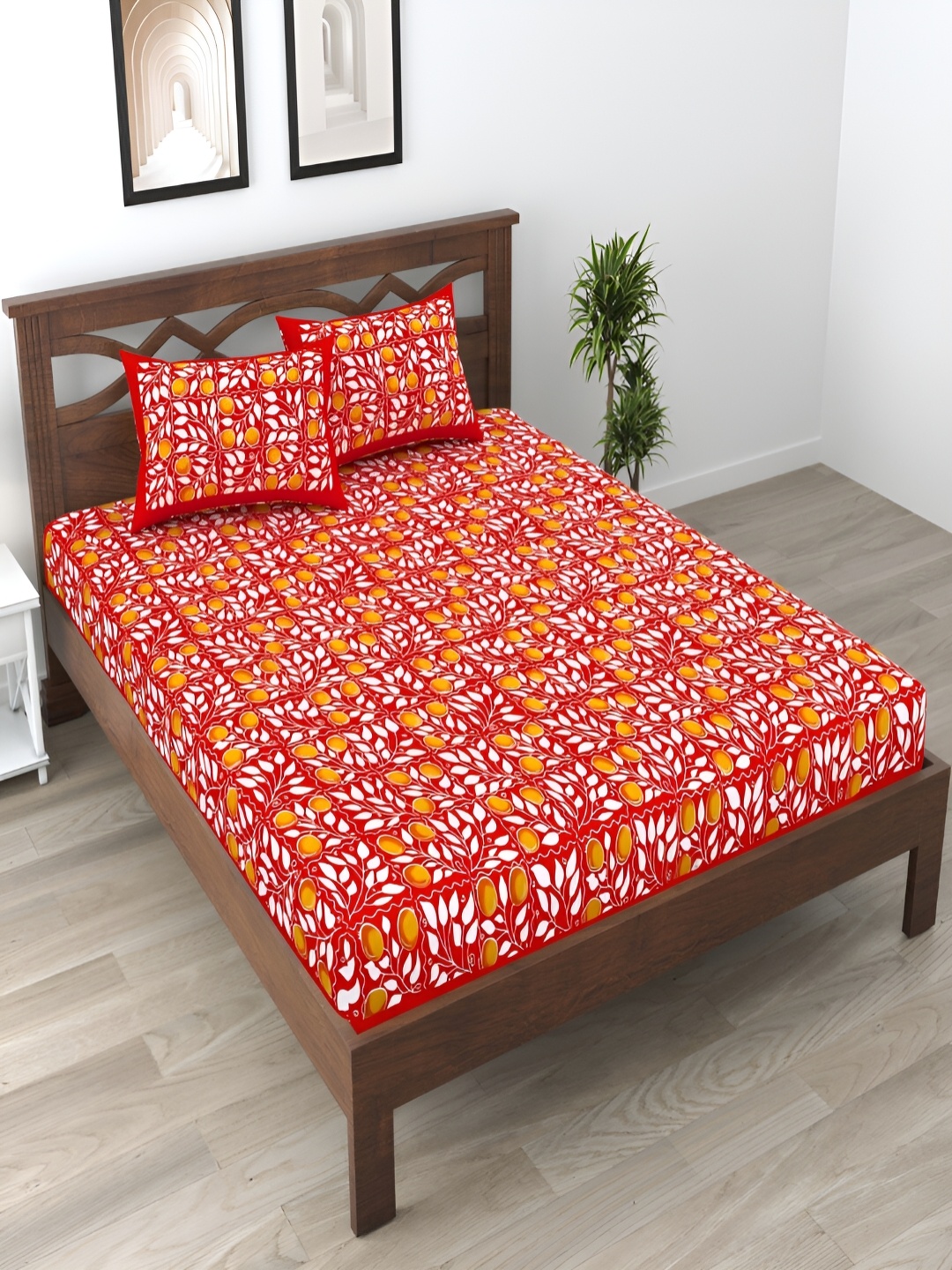 

Runjhun Red & White Floral Printed 144 TC Cotton Queen Bedsheet Set