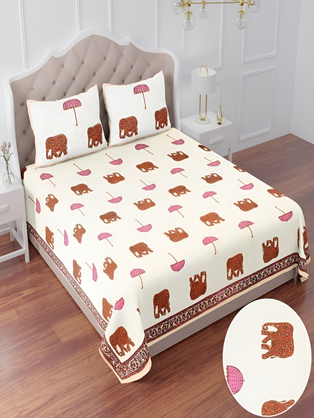 

Runjhun White & Brown Ethnic Motifs Cotton King Bedsheet Set