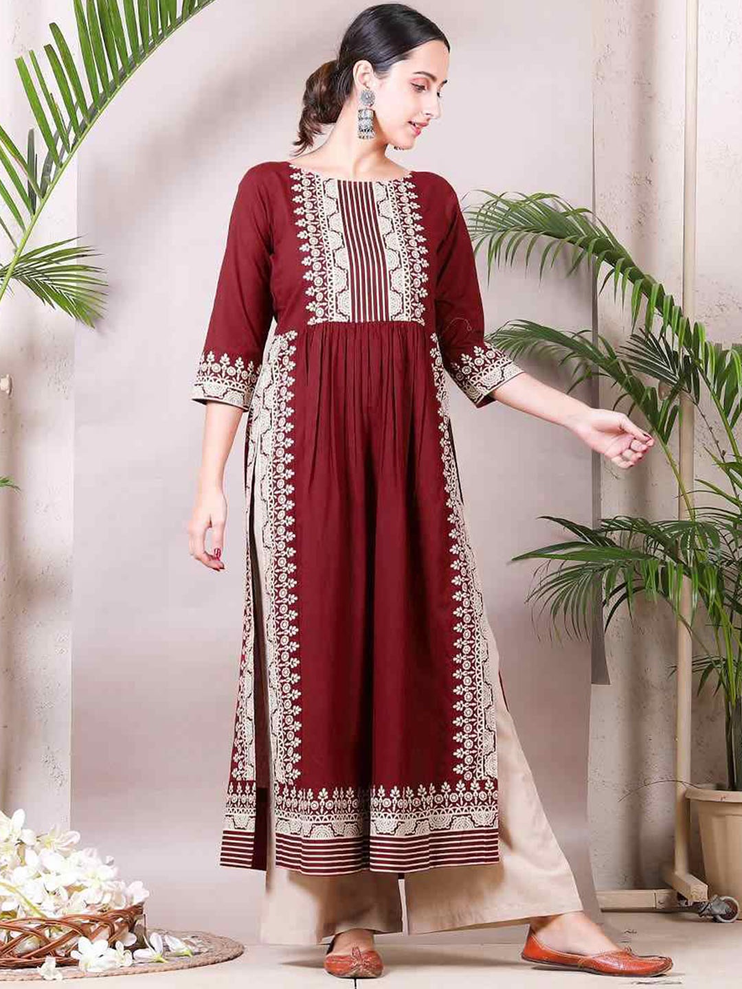 

Rustorange Ethnic Embroidered Pleated Straight Kurta with Palazzos, Maroon