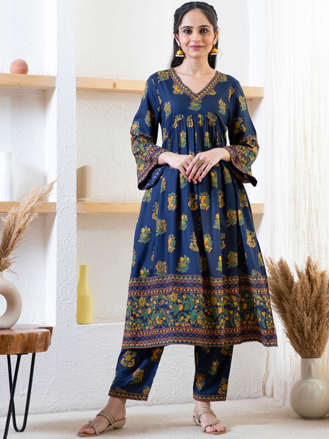 

Rustorange Ethnic Motifs Printed Empire A-Line Kurta with Trousers, Navy blue
