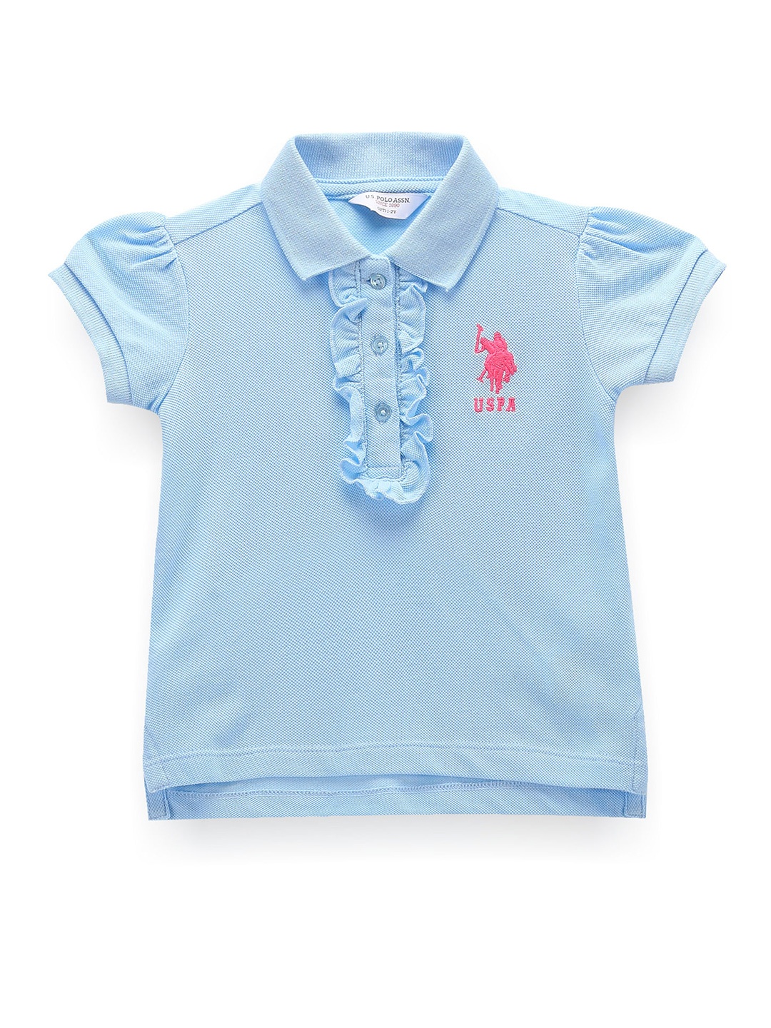 

U.S. Polo Assn. Kids Girls Ruffled Placket Puff Sleeves Polo Collar Pure Cotton T-shirt, Blue