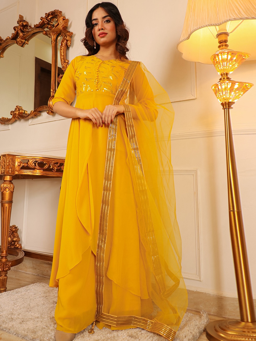 

Vidraa Western Store Floral Yoke Design Kurta & Palazzos With Dupatta, Yellow