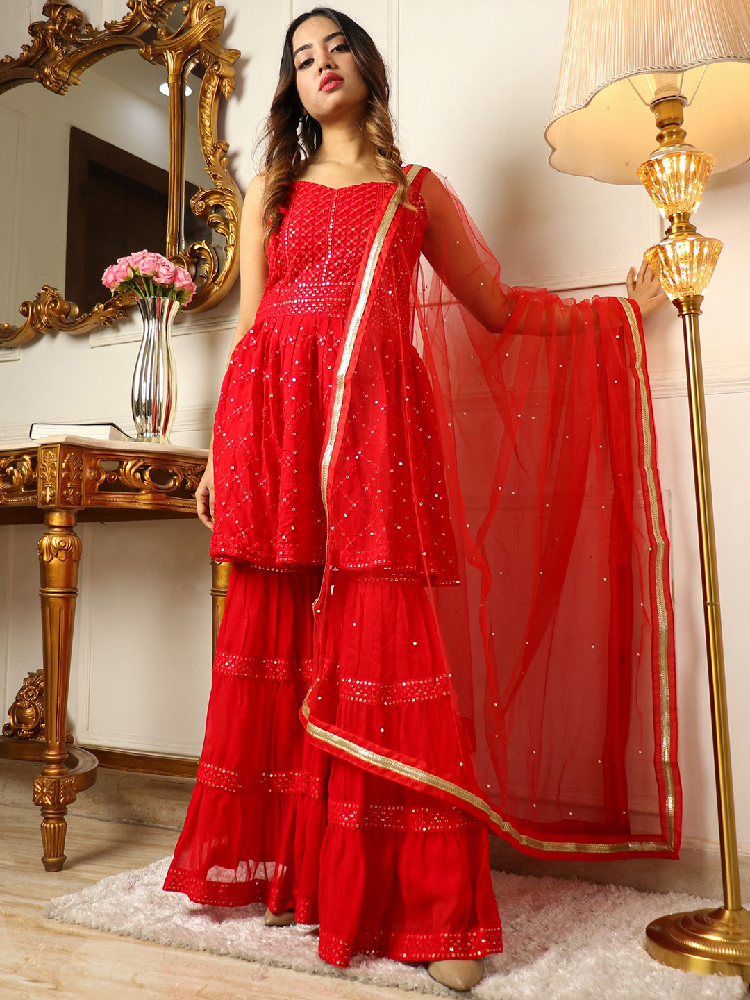 

Vidraa Western Store Floral Embroidered Sequinned Kurta & Sharara With Dupatta, Red
