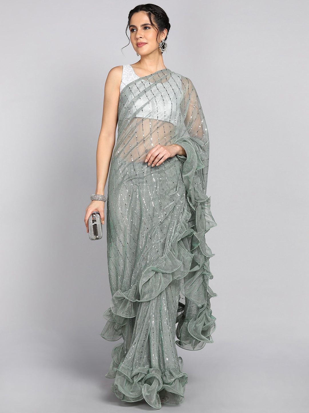 

Indian Women Embellished Tikli Mirror Work Ruffled Saree, Green