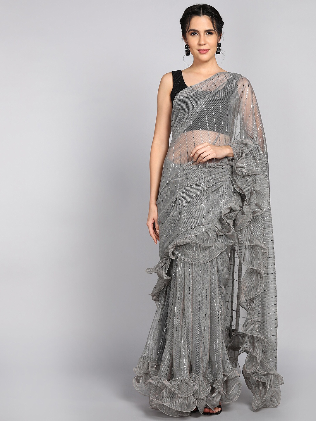 

Indian Women Embellished Tikli Sequinned Ruffled Saree, Coffee brown