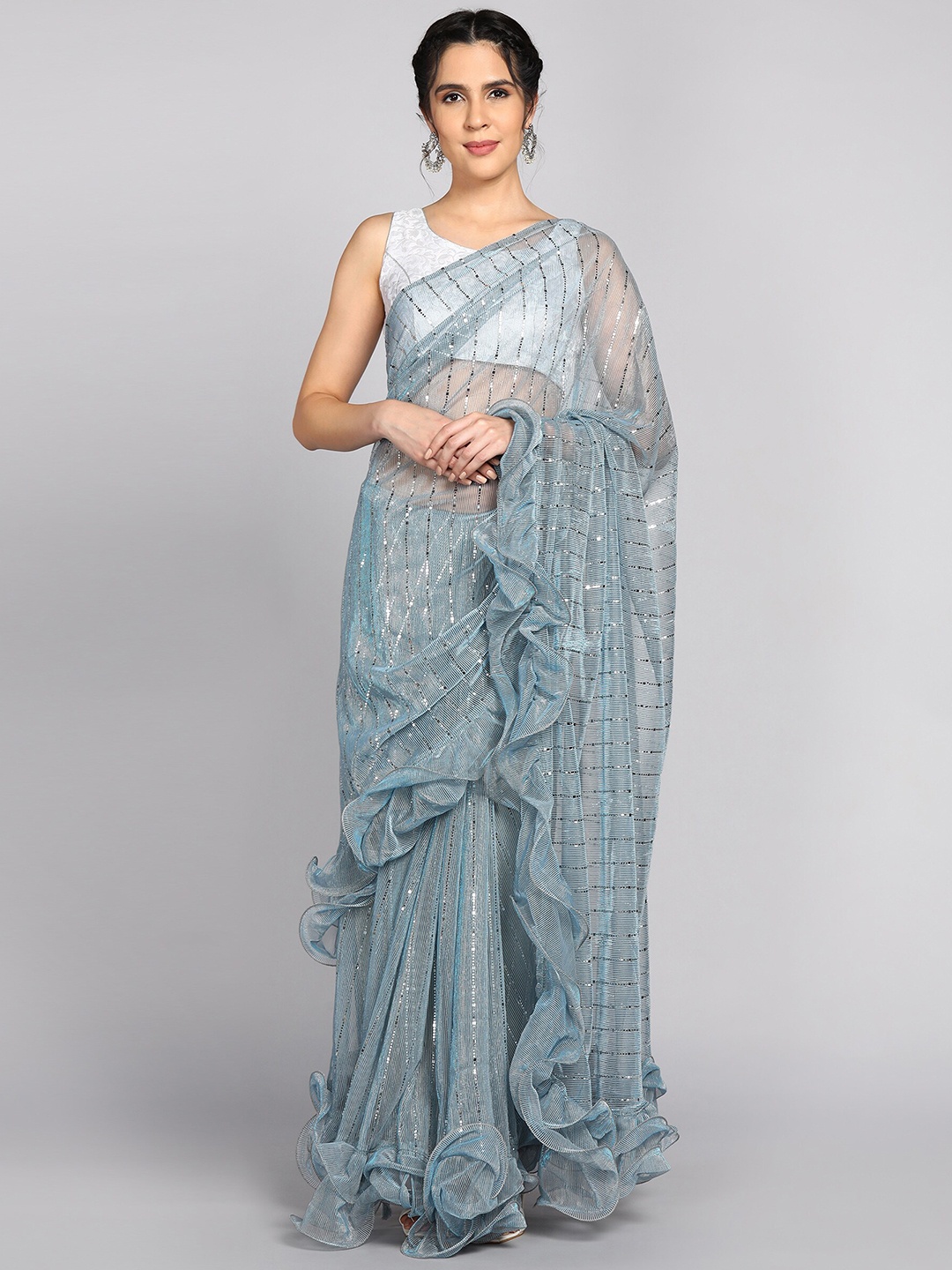 

Indian Women Embellished Tikli Sequinned Ruffled Saree, Sea green