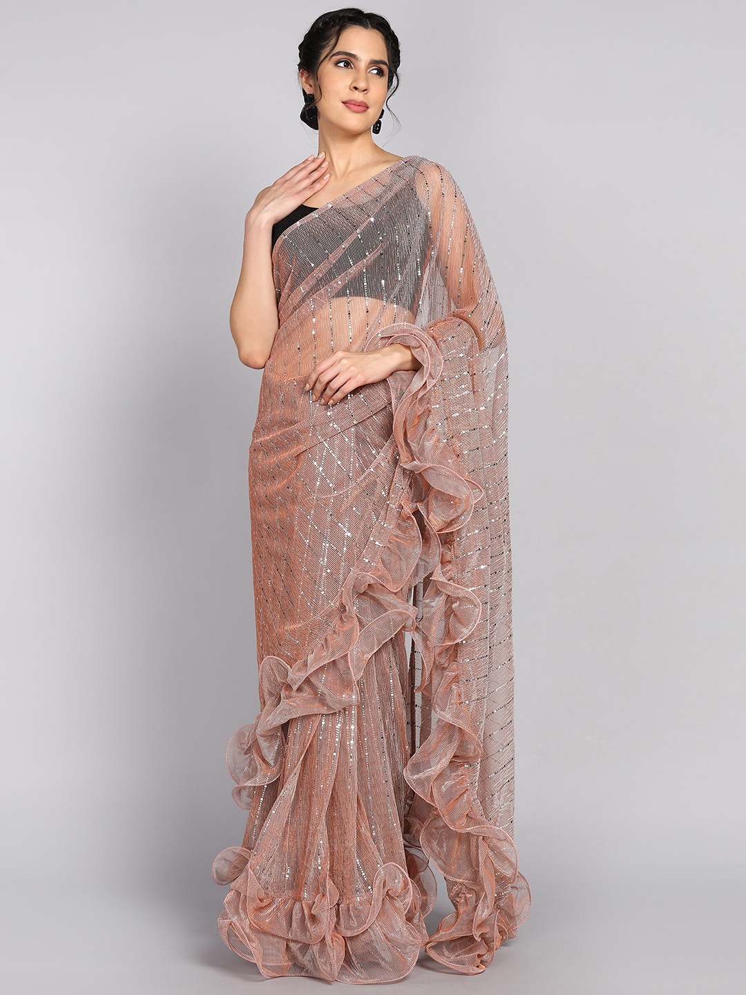 

Indian Women Embellished Tikli Sequinned Ruffled Saree, Peach