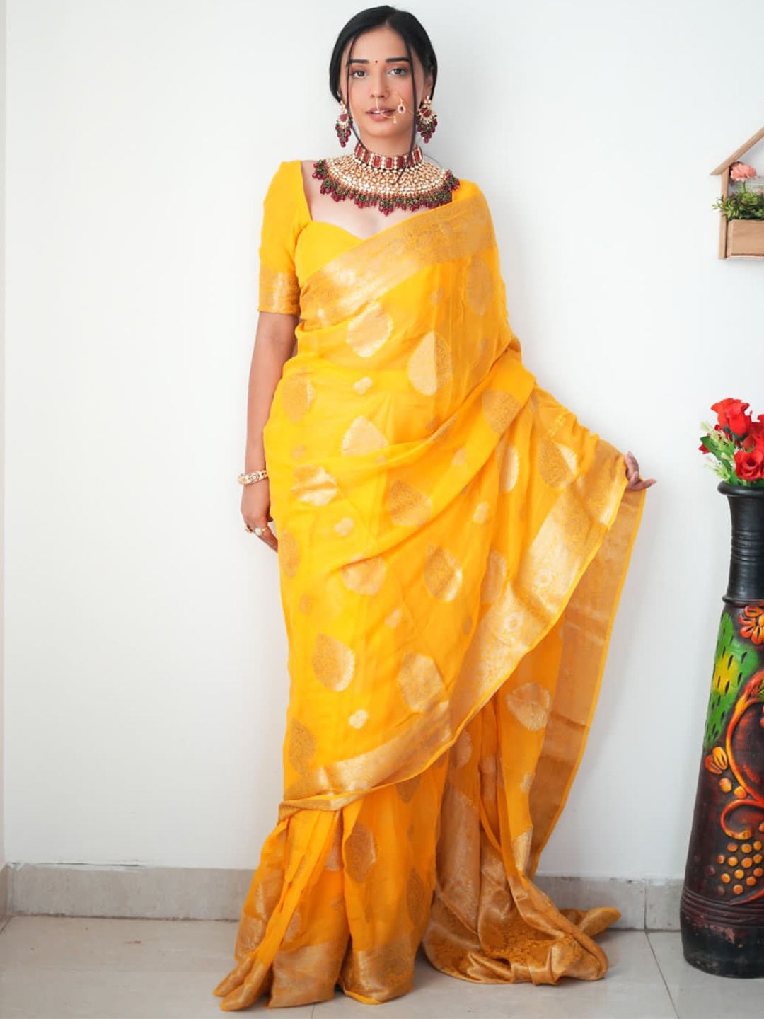 

Naishu Trendz Ethnic Motif Woven Design Pure Silk Ready to Wear Kanjeevaram Zari Saree, Yellow
