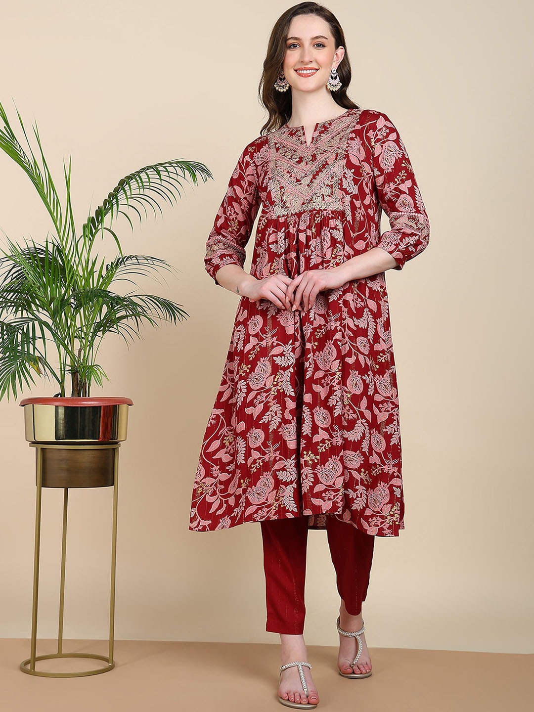 

HERE&NOW Floral Printed Regular Kurta with Trousers, Red