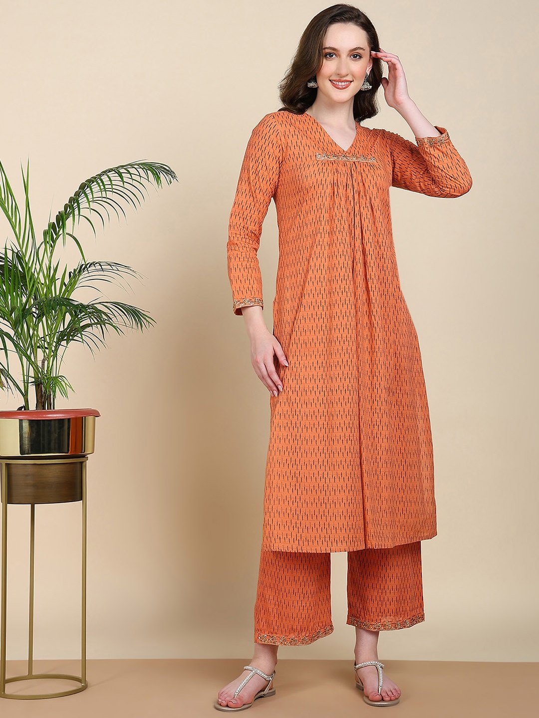 

HERE&NOW Printed Sequinned Regular Pure Cotton Kurta with Palazzos, Rust