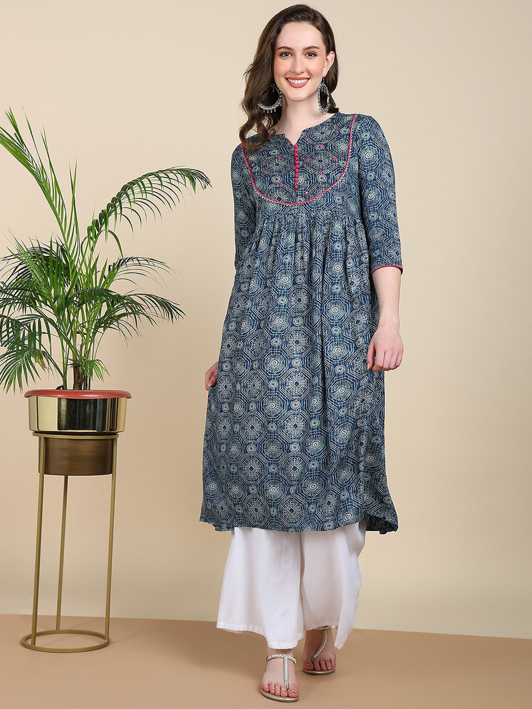 

HERE&NOW Ethnic Motifs Printed Sequinned Kurta, Blue