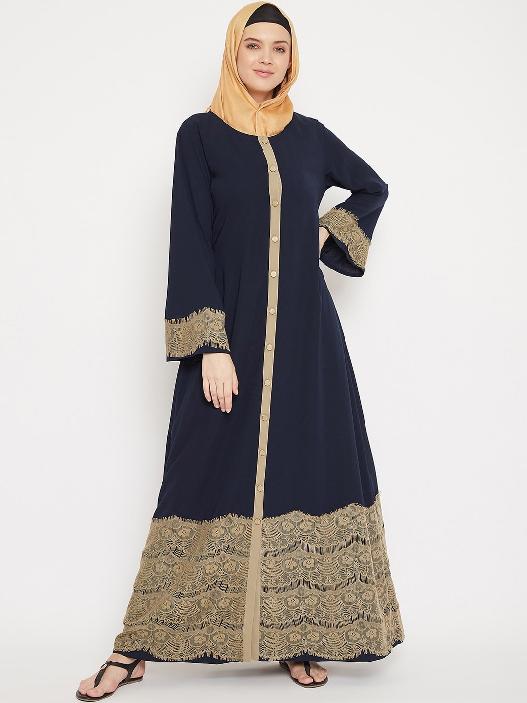 

MOMIN LIBAS Front Open Abaya Burqa With Lace work, Navy blue