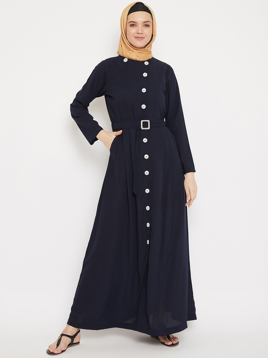 

MOMIN LIBAS Round-Neck Abaya Burqa With Belt, Navy blue