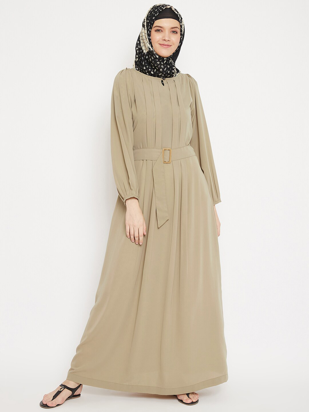 

MOMIN LIBAS Round-Neck Abaya Burqa With Belt, Beige