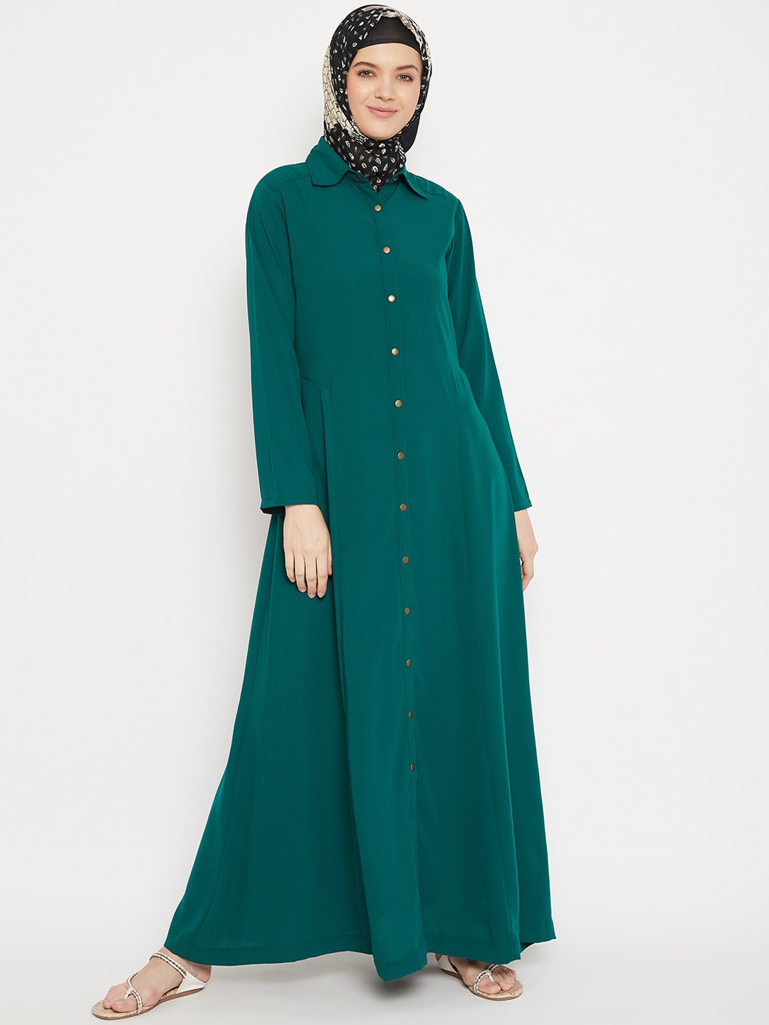 

MOMIN LIBAS Shirt Collar Long Sleeves Front Open Abaya Burqa, Green
