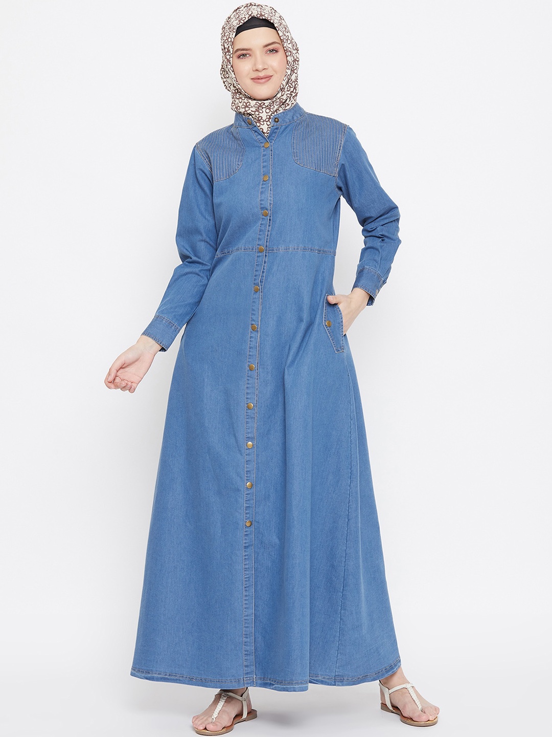 

MOMIN LIBAS Mandarin Collar Denim Front Open Abaya Burqa, Blue