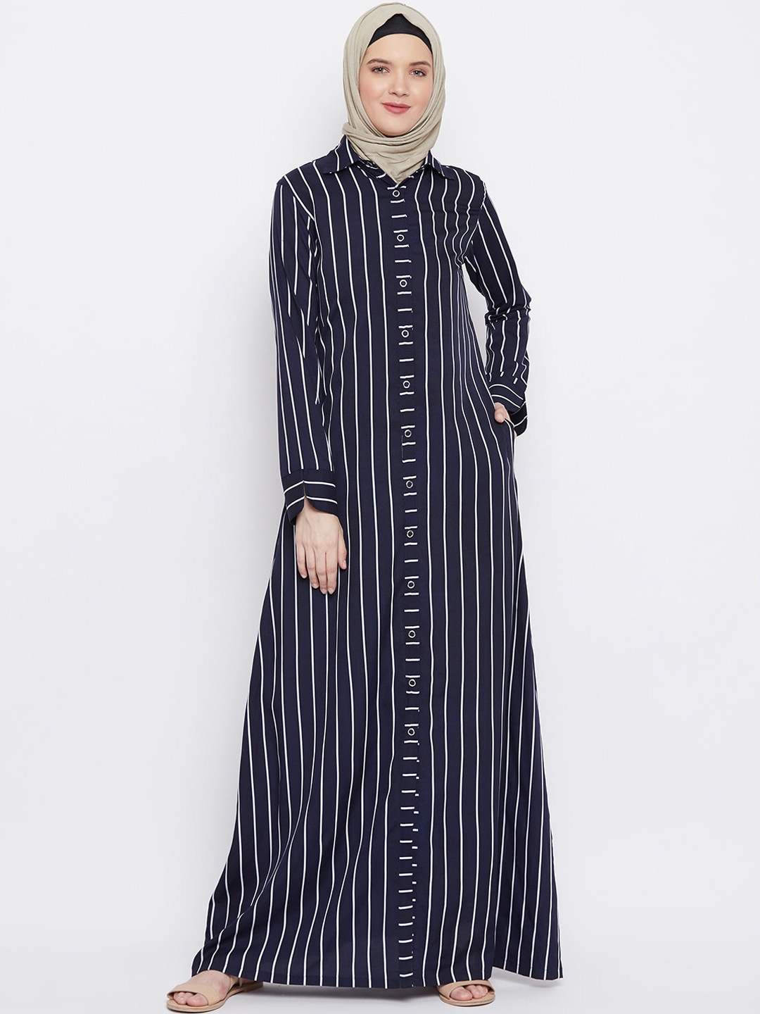 

MOMIN LIBAS Striped Front Open Abaya Burqa, Blue