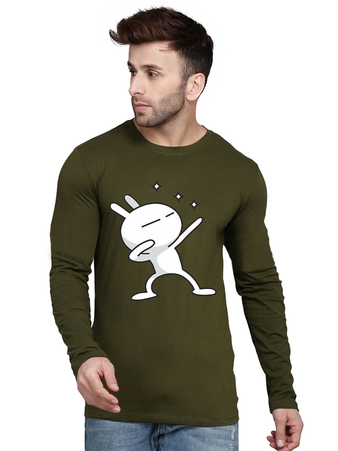 

SLOWLORIS Graphic Printed Bio-Wash Pure Cotton Slim Fit T-shirt, Olive