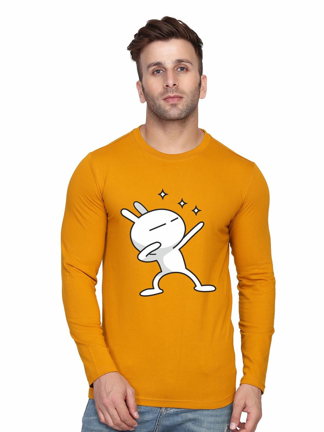 

SLOWLORIS Graphic Printed Bio-Wash Pure Cotton Slim Fit T-shirt, Mustard