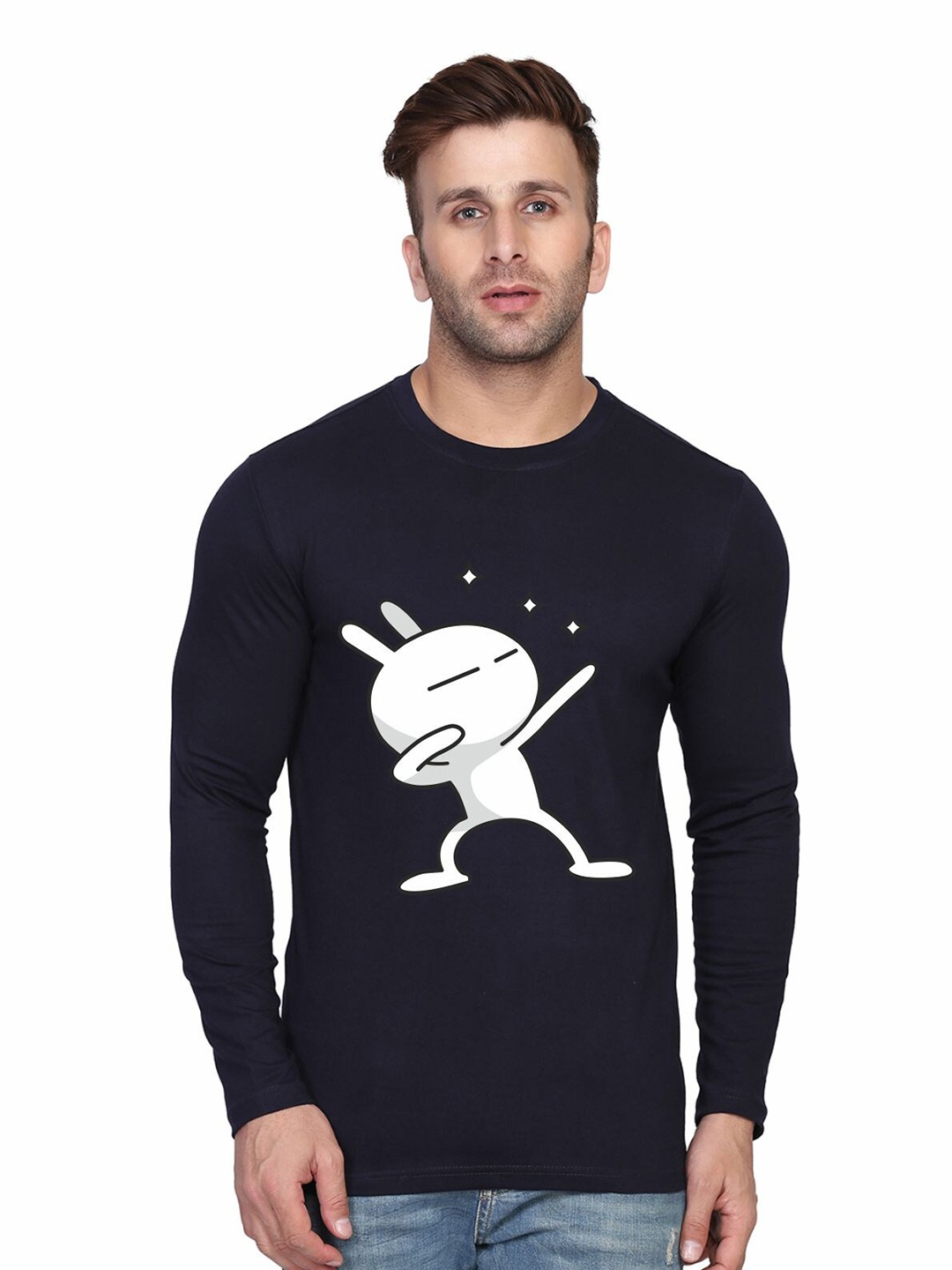 

SLOWLORIS Graphic Printed Bio-Wash Pure Cotton Slim Fit T-shirt, Navy blue