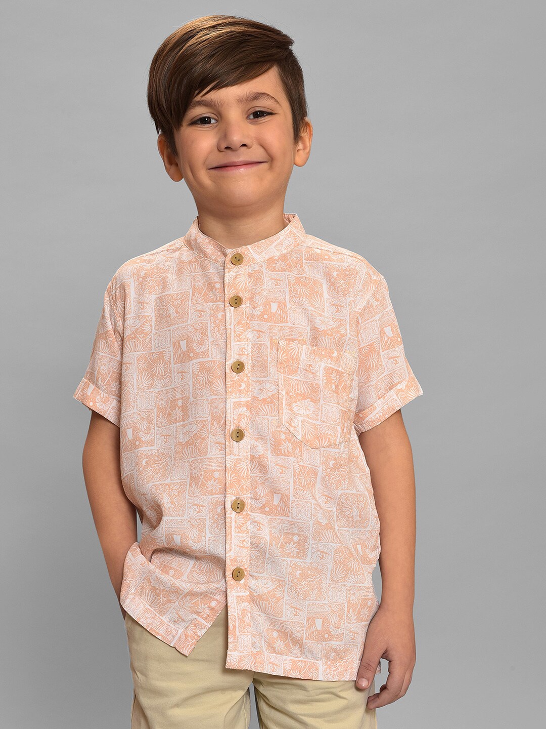 

MiArcus Boys Tropical Printed Band Collar Casual Shirt, Beige