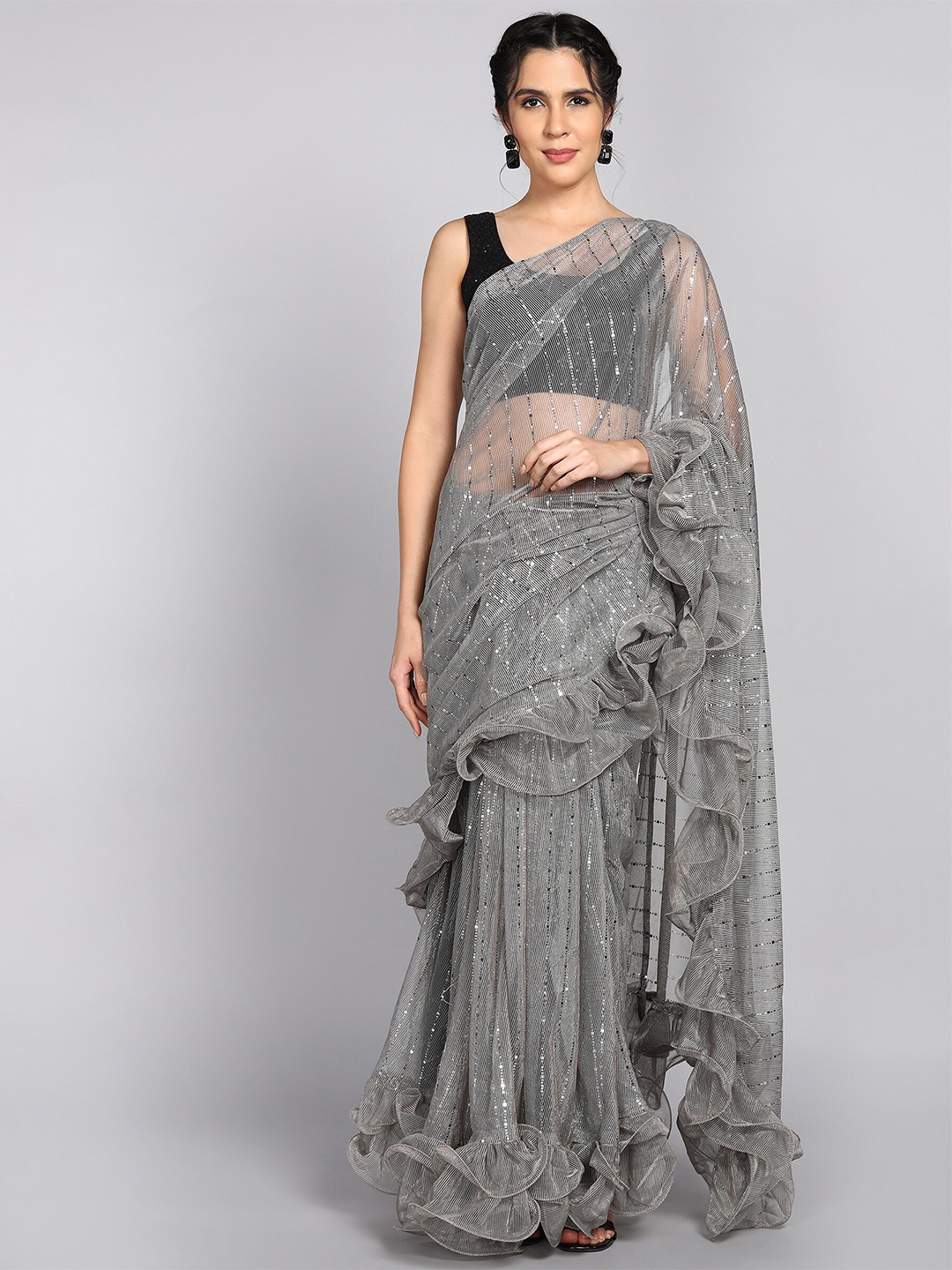 

Mitera Grey Embellished Mukaish Saree