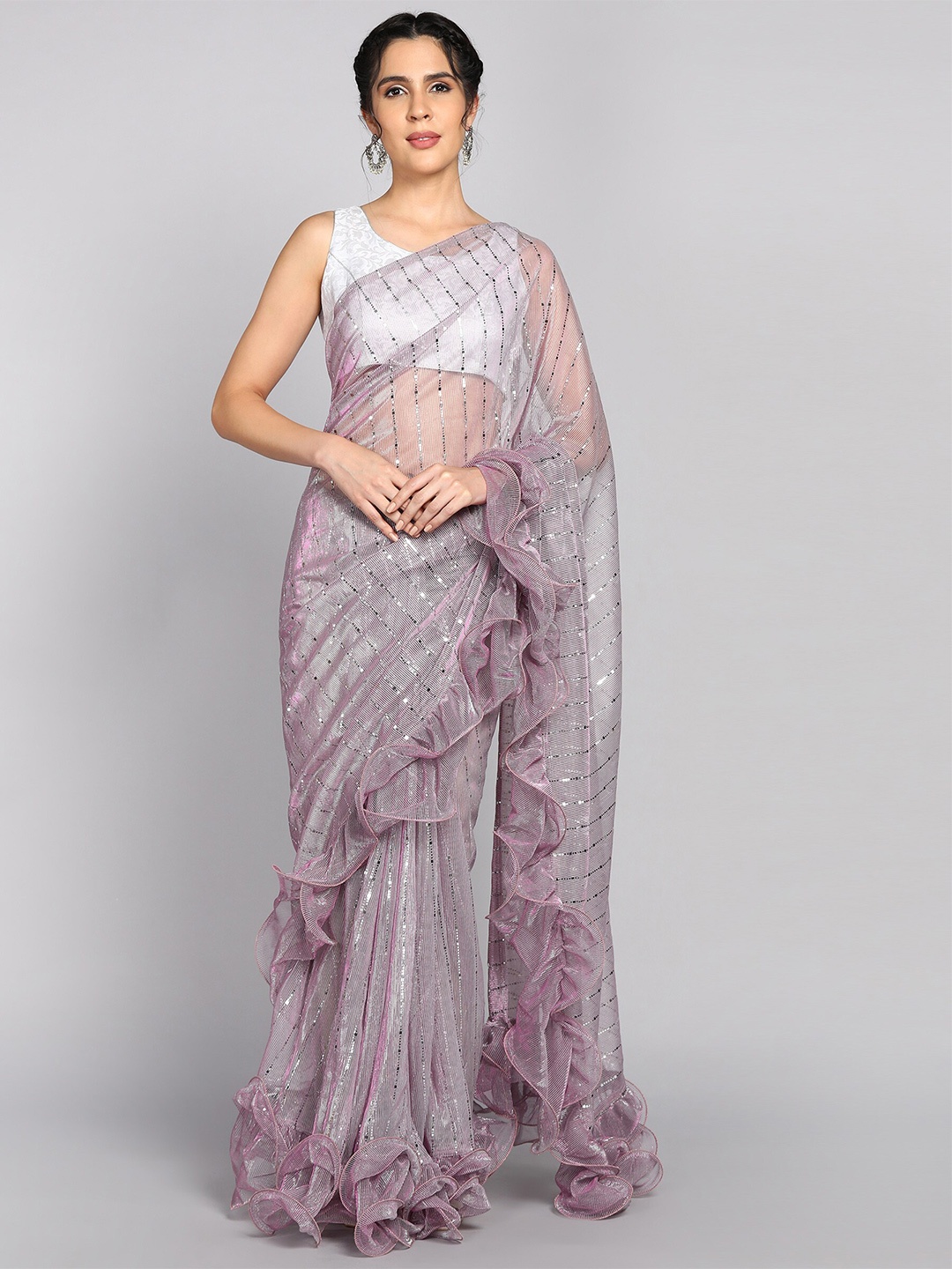 

Mitera Pink Embellished Mukaish Saree