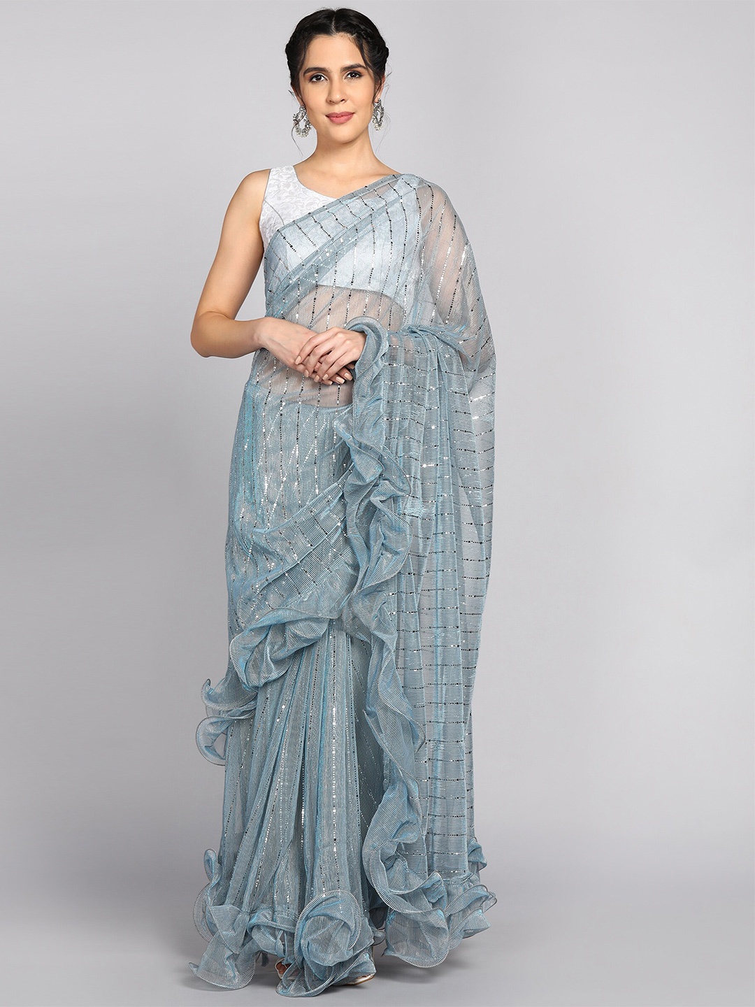 

Mitera Sea Green Embellished Mukaish Saree