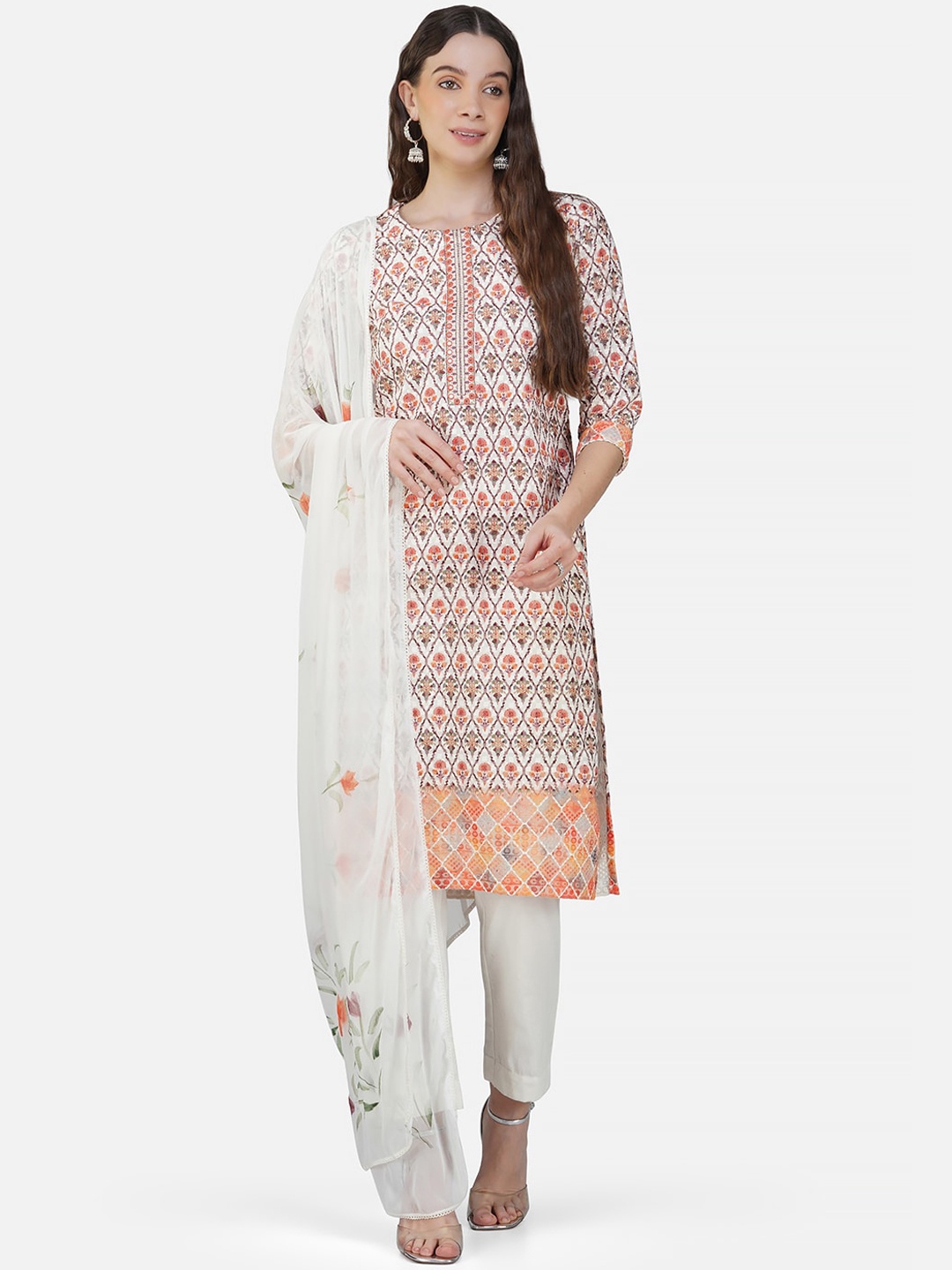 

INDIAN KNOTS Ethnic Motifs Embroidered Mirror Work PureCotton Kurta with Patiala & Dupatta, Off white