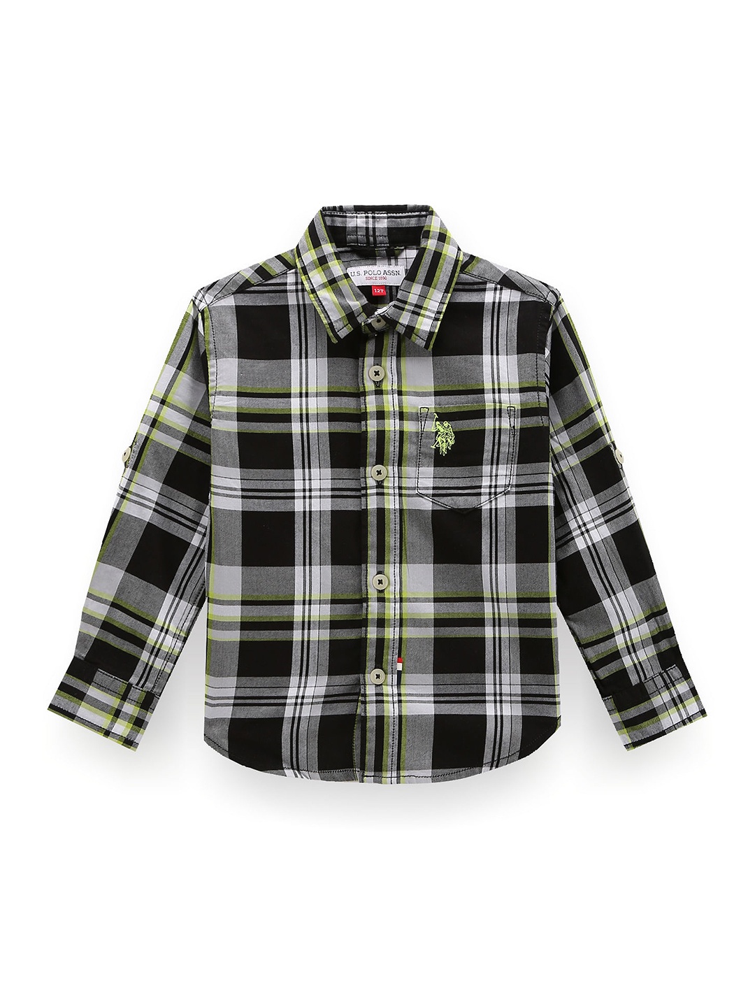 

U.S. Polo Assn. Kids Boys Classic Tartan Checked Roll Up Sleeves Twill Pure Cotton Shirt, Black