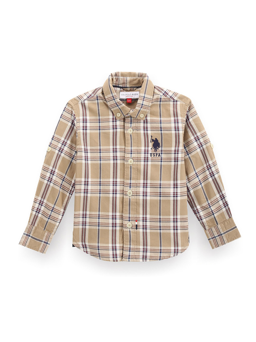 

U.S. Polo Assn. Kids Boys Classic Tartan Checked Button Down Collar Twill Cotton Shirt, Beige