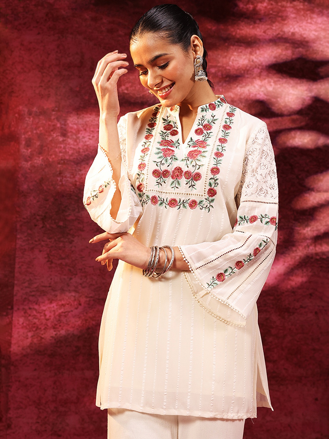 

Lakshita Floral Embroidered Thread Work Kurti, Brown