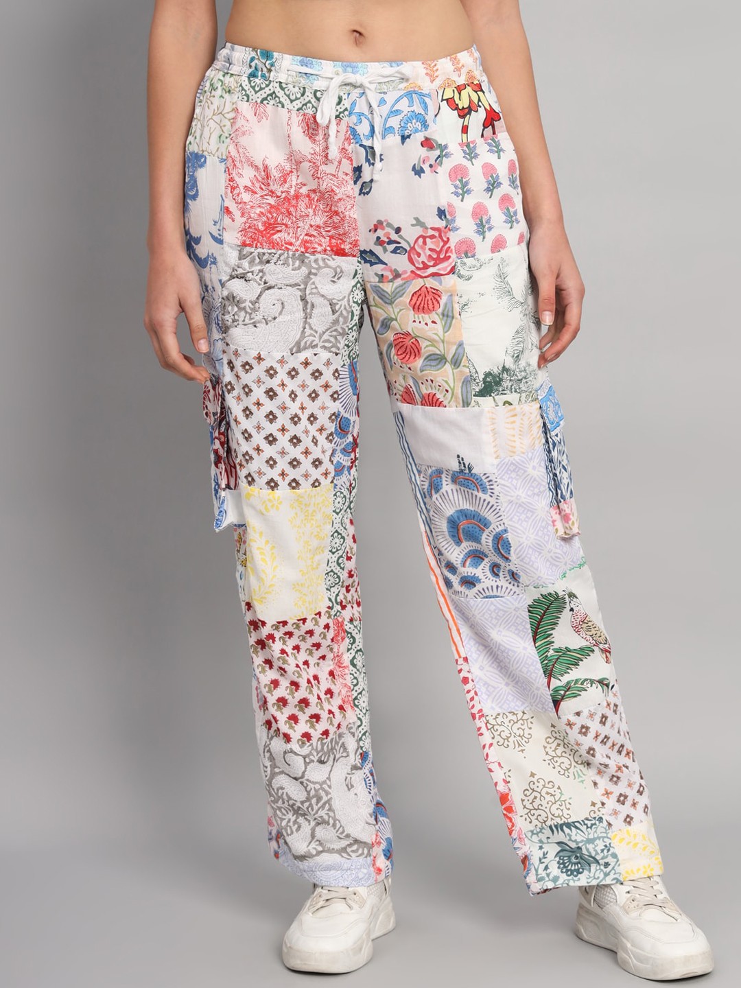 

HANDICRAFT PALACE Women Floral Printed Pure Cotton Relaxed Straight Leg Loose Fit Trousers, White