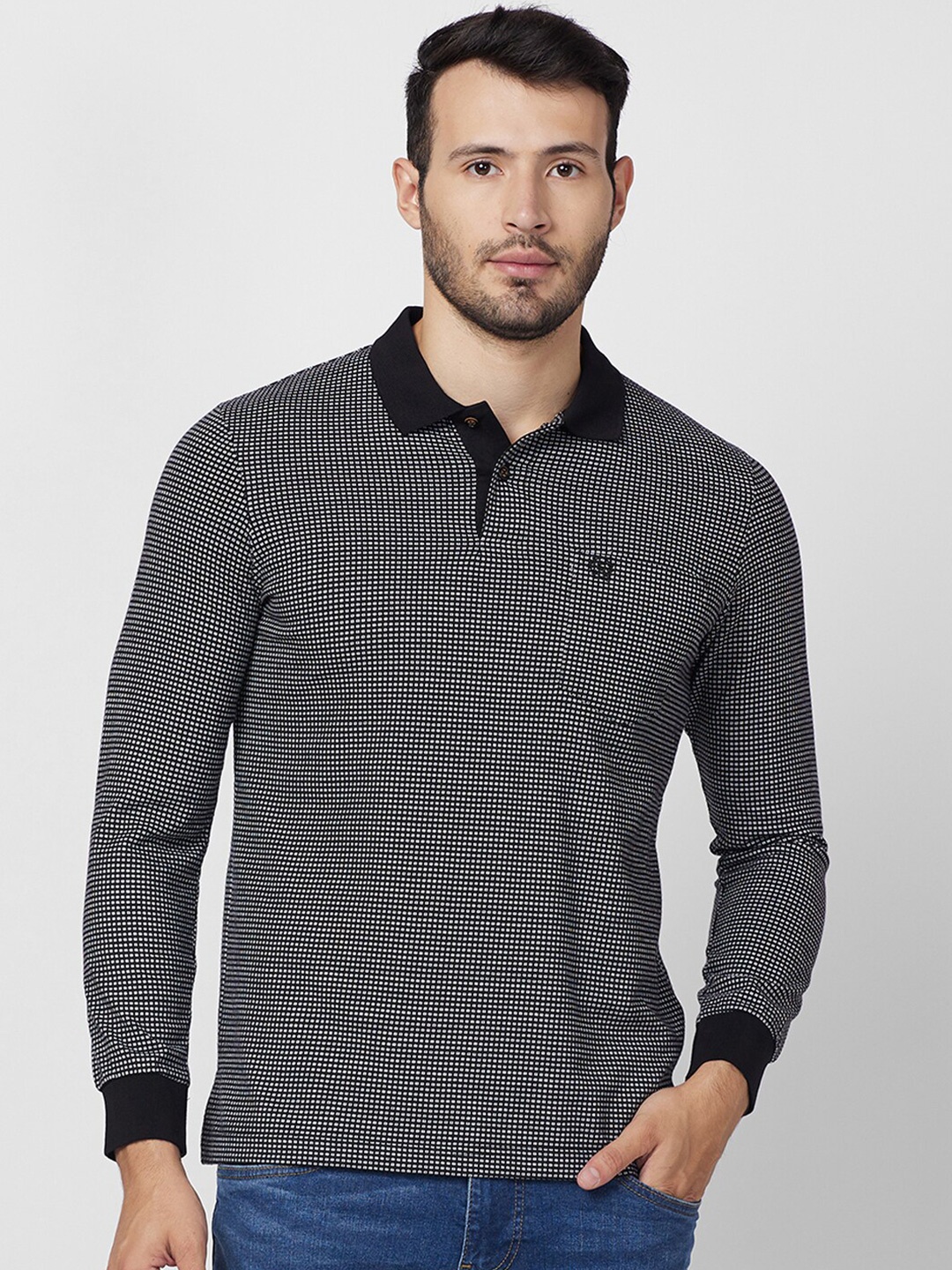 

CELSIUS Checked Polo Collar T-shirt, Black