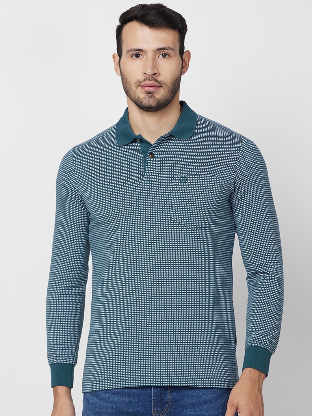 

CELSIUS Geometric Printed Polo Collar T-shirt, Teal