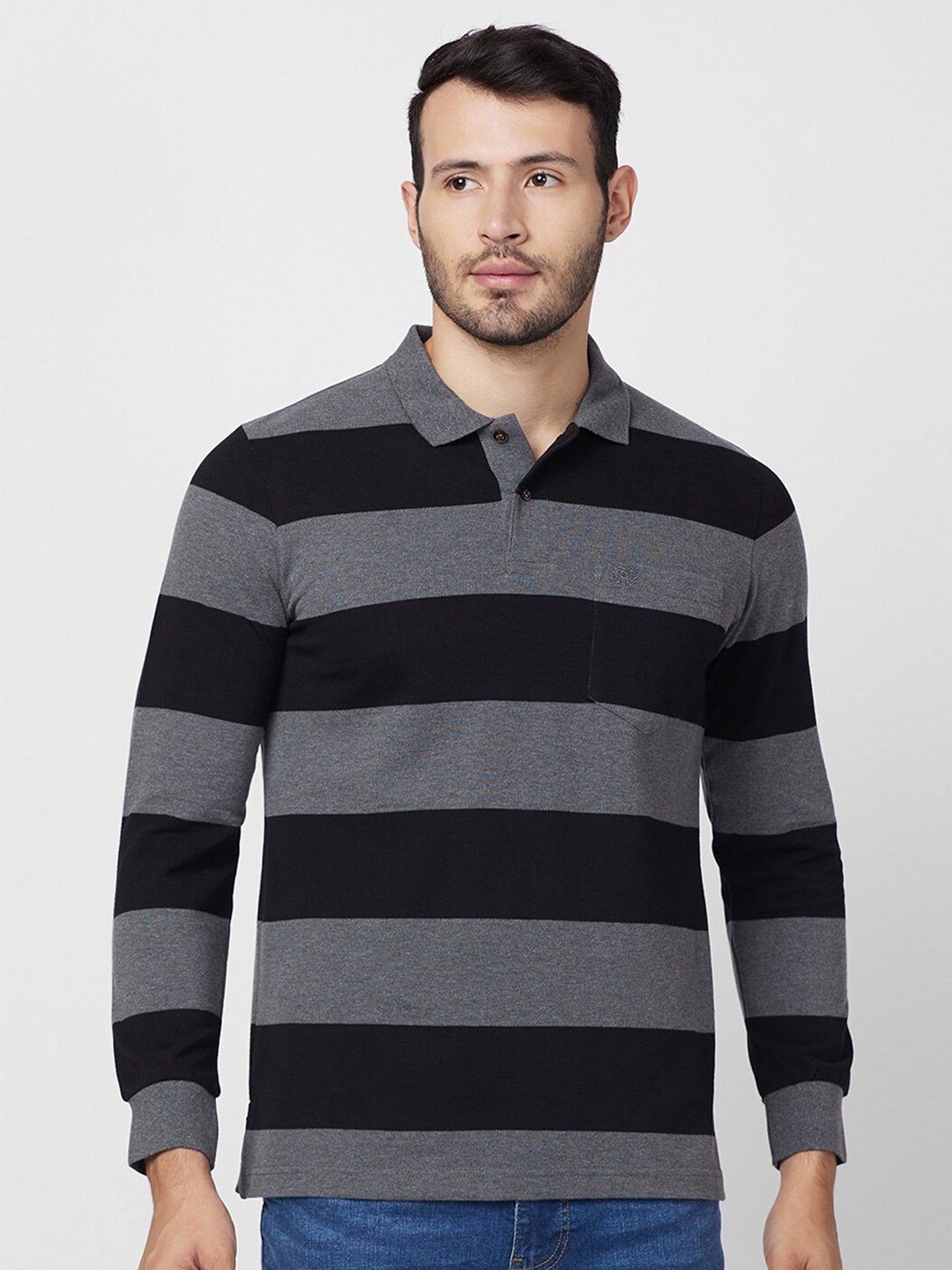 

CELSIUS Striped Polo Collar T-shirt, Charcoal