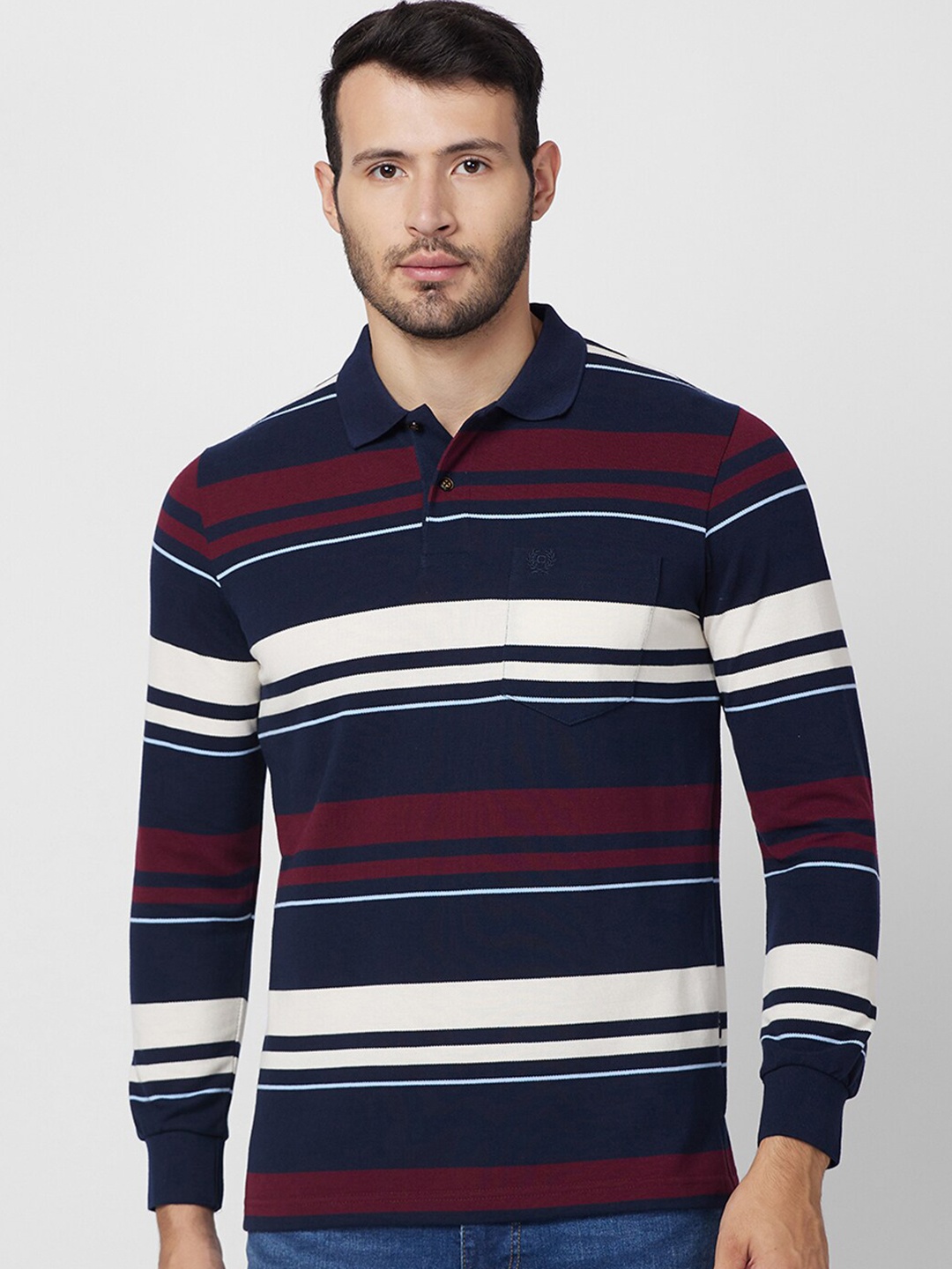 

CELSIUS Striped Polo Collar T-shirt, Navy blue