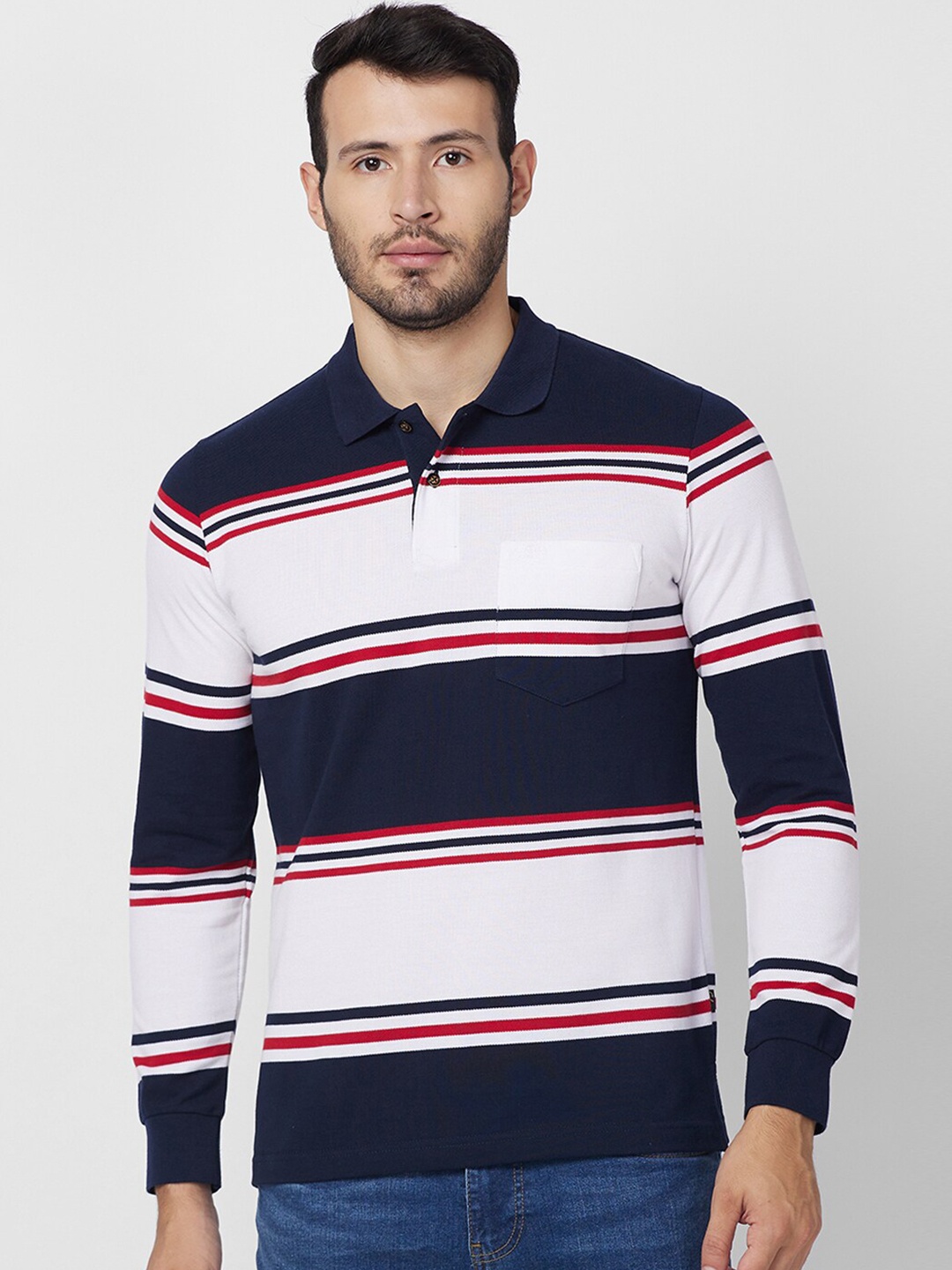 

CELSIUS Striped Polo Collar T-shirt, Navy blue